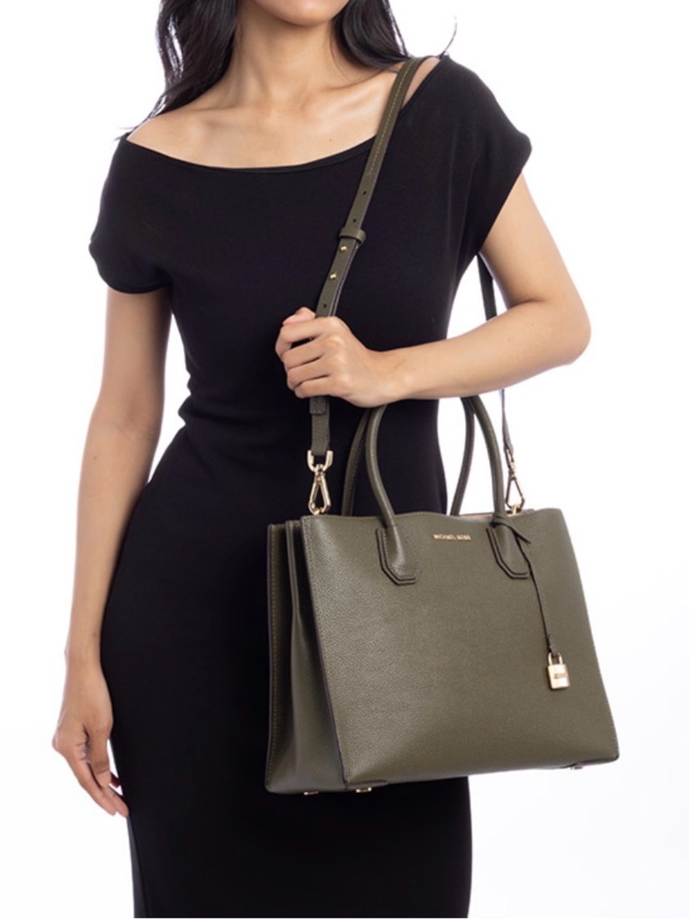 Michael Kors Olive Leather Structured Tote with Gold Hardware